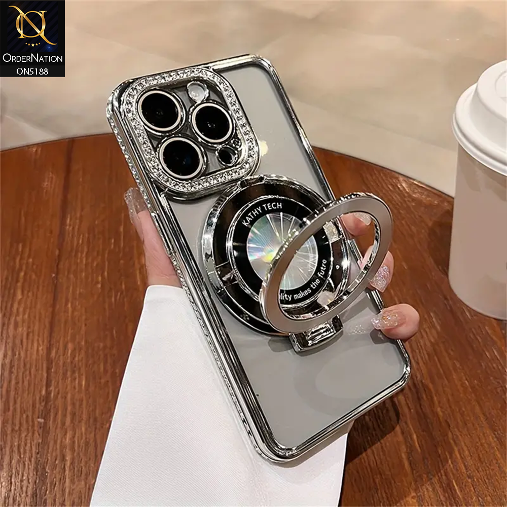 iPhone 15 Pro Max Cover - Silver - Luxury Diamond Rhinestones Color Electroplating Borders Magsafe Magnetic Stand Holder Soft Clear Case With Camera Protection