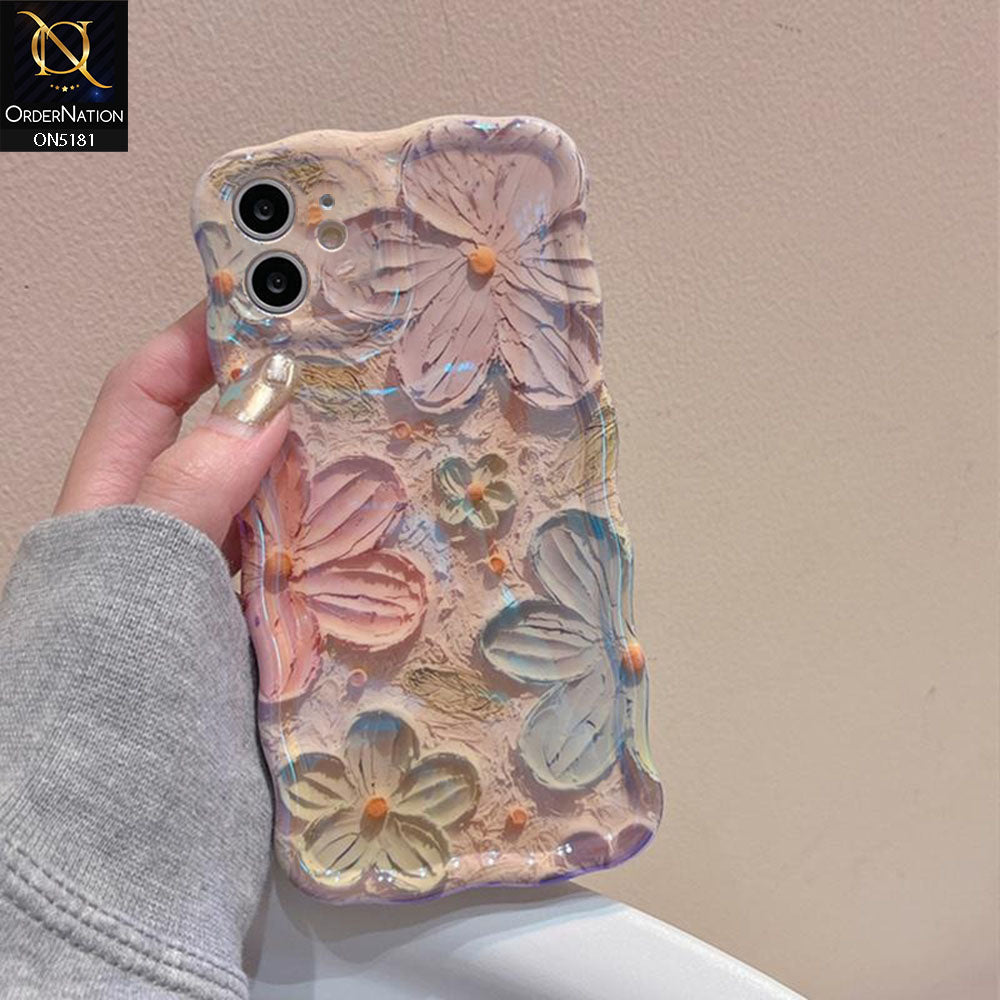 iPhone 12 Cover - Design1 - New Holographic Shine Oil Painting Flowers Design Curvy Borders Protective Case With Tussle Holder