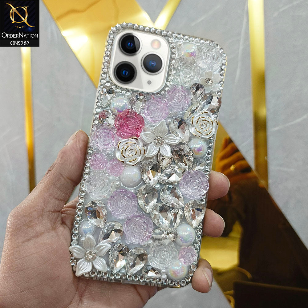 iPhone 11 Pro Max Cover - Design 1 -  Cute 3D Flowers Butterfly Shiny Rhinestones Soft Border Case