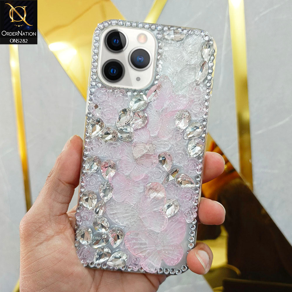 iPhone 11 Pro Max Cover - Design 2 -  Cute 3D Flowers Butterfly Shiny Rhinestones Soft Border Case