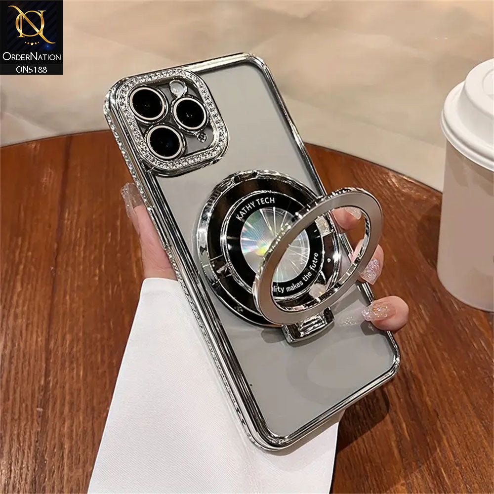 iPhone 11 Pro Max Cover - Silver - Luxury Diamond Rhinestones Color Electroplating Borders Magsafe Magnetic Stand Holder Soft Clear Case With Camera Protection