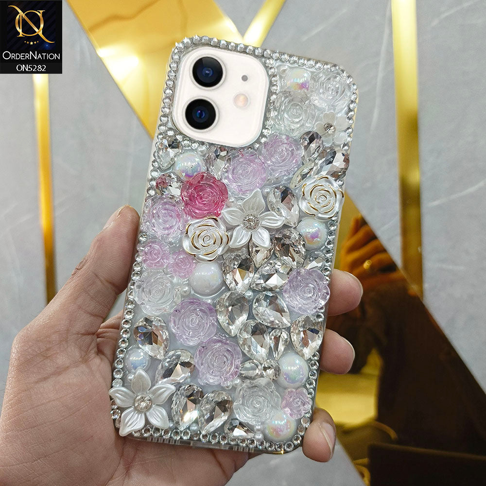 iPhone 12 Cover - Design 1 -  Cute 3D Flowers Butterfly Shiny Rhinestones Soft Border Case