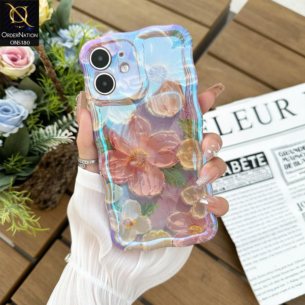 iPhone 12 Cover - Design3 - New Holographic Shine Oil Painting Flowers Design Curvy Borders Protective Case