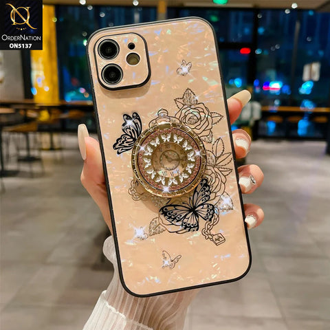 iPhone 12 Cover - Golden - TYBOMB Luxury Shiny Glass Butterfly Bling Diamond Metal Holder Soft Border Case