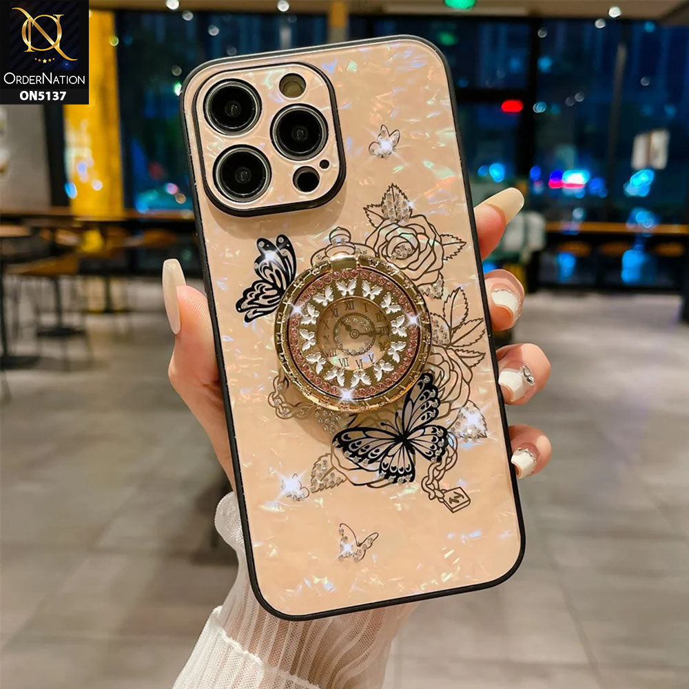 iPhone 12 Pro Max Cover - Golden - TYBOMB Luxury Shiny Glass Butterfly Bling Diamond Metal Holder Soft Border Case