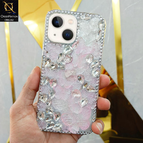 iPhone 15 Cover - Design 2 -  Cute 3D Flowers Butterfly Shiny Rhinestones Soft Border Case