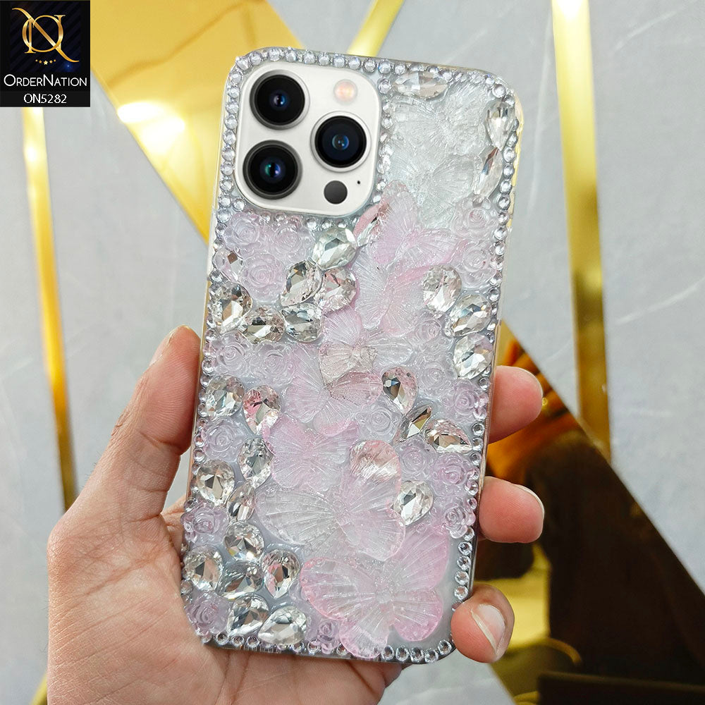 iPhone 14 Pro Max Cover - Design 2 -  Cute 3D Flowers Butterfly Shiny Rhinestones Soft Border Case