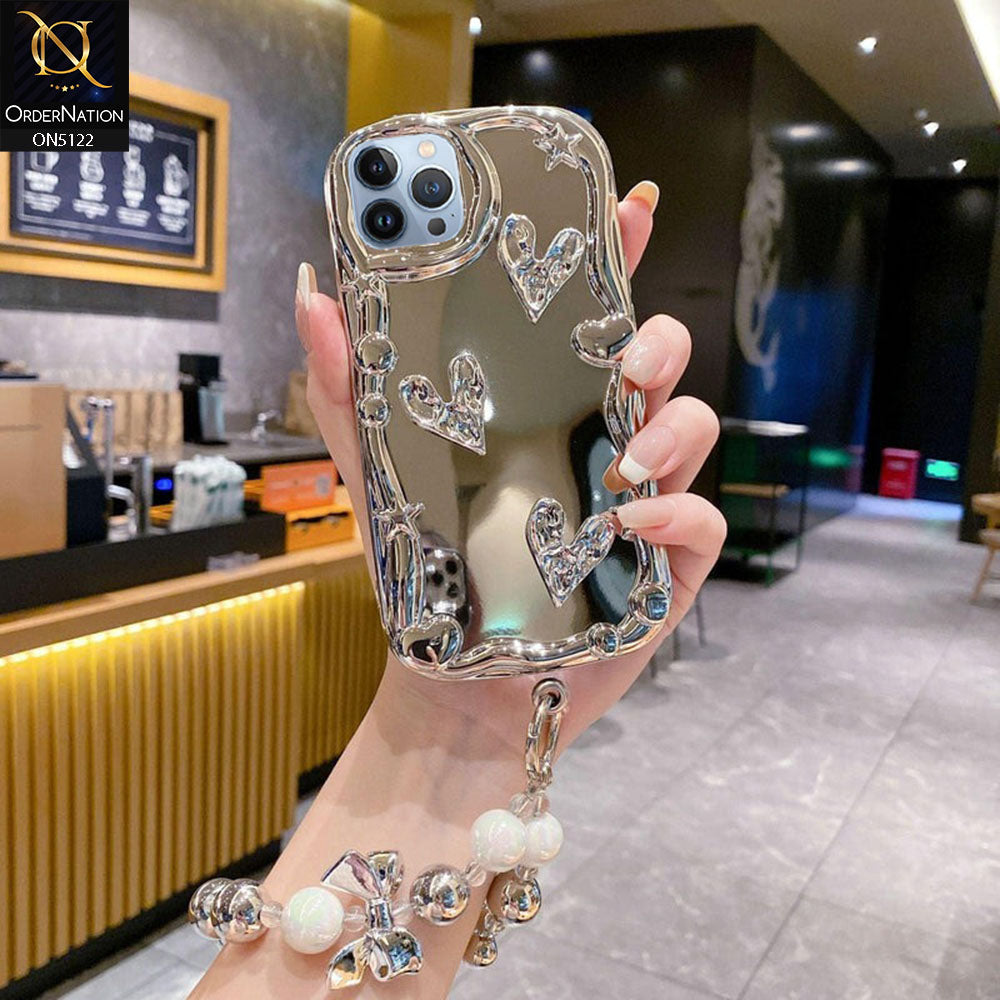 iPhone 15 Pro Max Cover - Silver - 3D Electroplated Crystal Heart Shiny Mirror Case With Wrist Holder