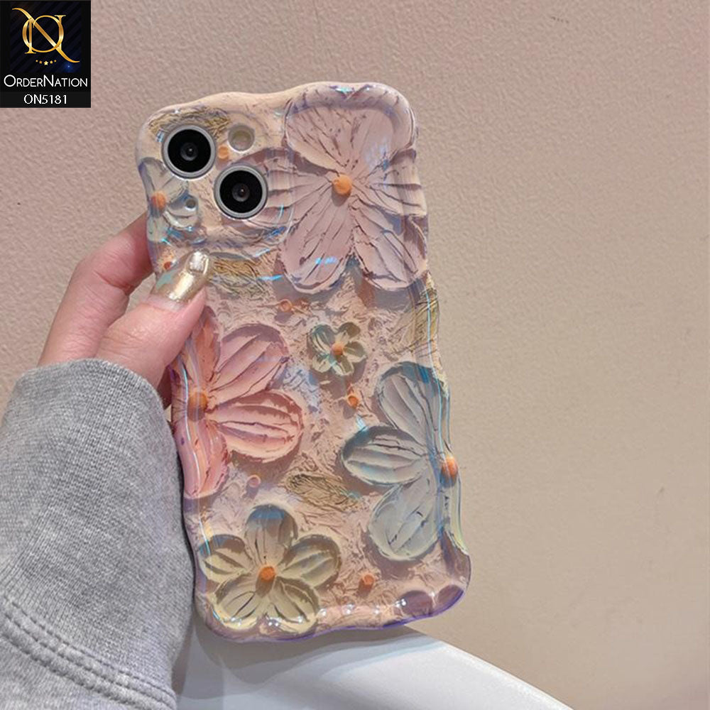 iPhone 15 Cover - Design1 - New Holographic Shine Oil Painting Flowers Design Curvy Borders Protective Case With Tussle Holder