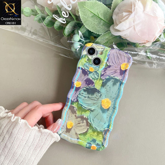 iPhone 14 Cover - Design2 - New Holographic Shine Oil Painting Flowers Design Curvy Borders Protective Case With Tussle Holder