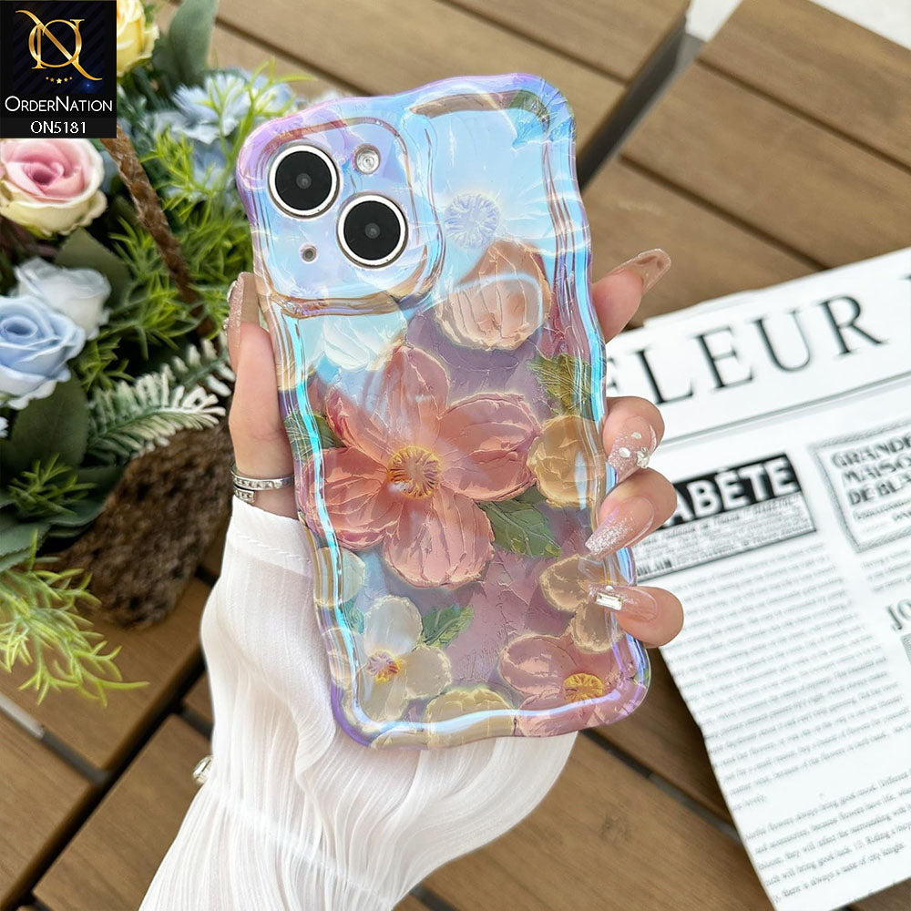 iPhone 14 Cover - Design3 - New Holographic Shine Oil Painting Flowers Design Curvy Borders Protective Case With Tussle Holder