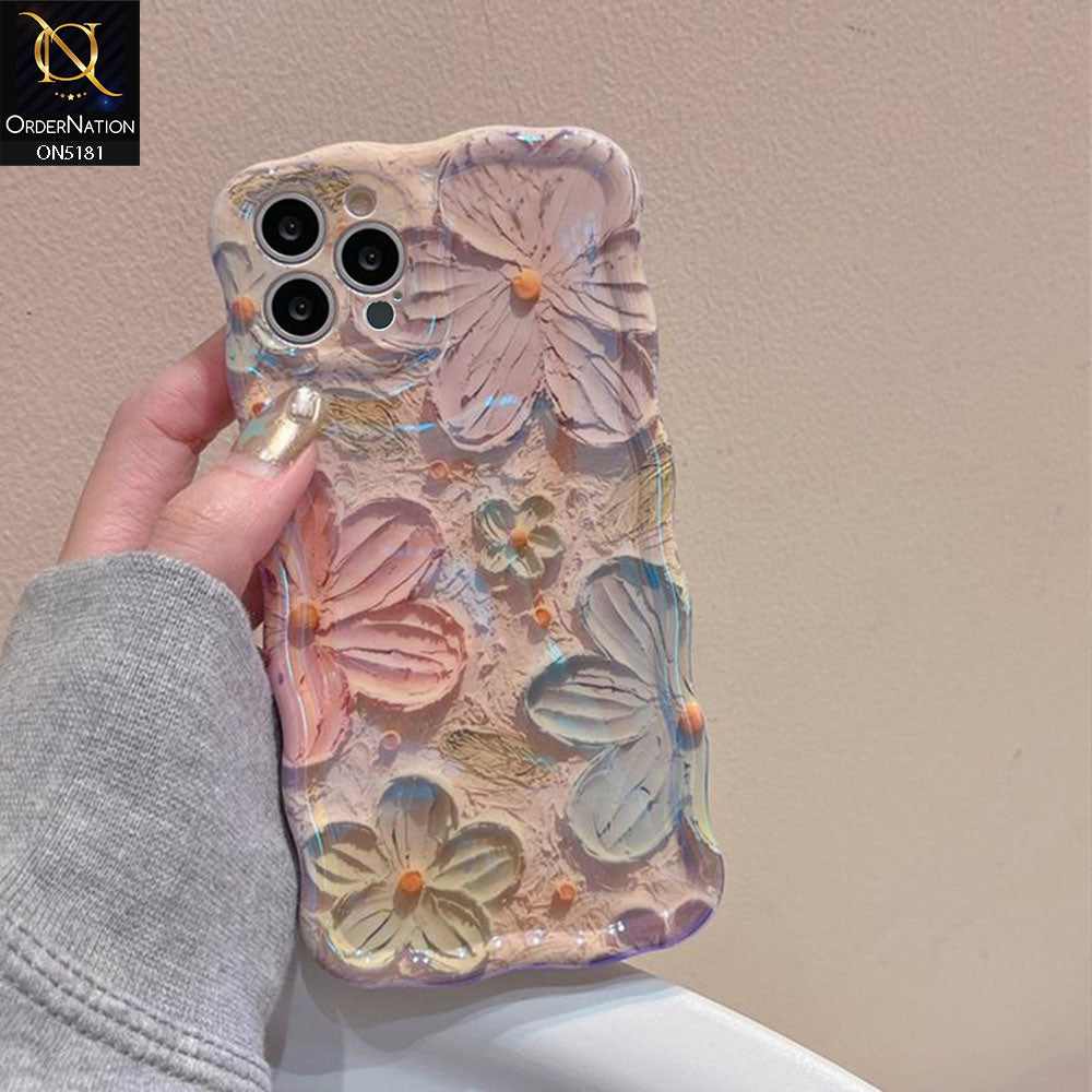 iPhone 14 Pro Cover - Design1 - New Holographic Shine Oil Painting Flowers Design Curvy Borders Protective Case With Tussle Holder