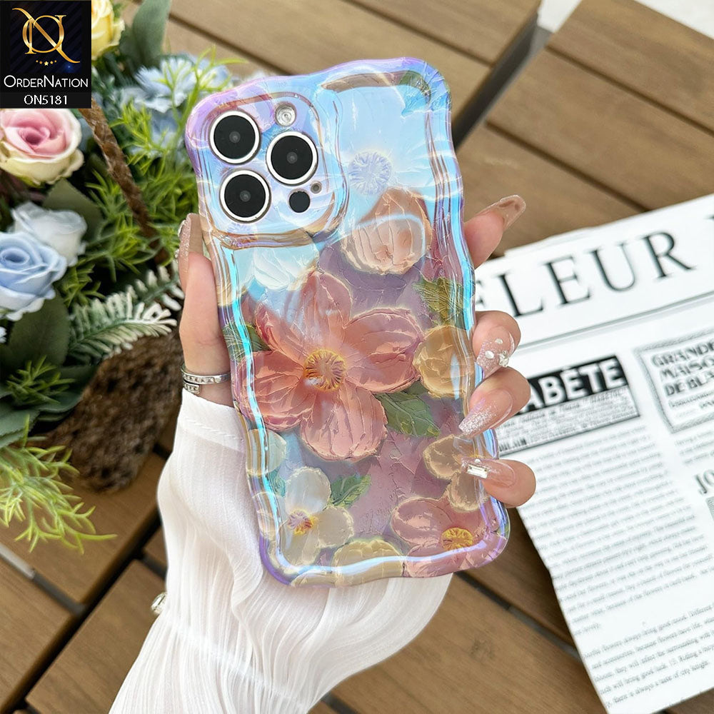 iPhone 13 Pro Max Cover - Design3 - New Holographic Shine Oil Painting Flowers Design Curvy Borders Protective Case With Tussle Holder