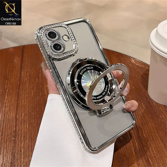 iPhone 16 Cover - Silver - Luxury Diamond Rhinestones Color Electroplating Borders Magsafe Magnetic Stand Holder Soft Clear Case With Camera Protection