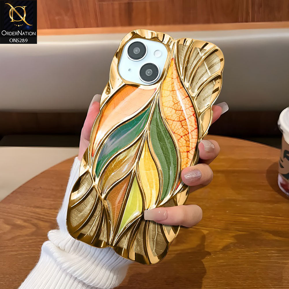 iPhone 14 Cover - Golden - Luxury 3D Colorful Maple Leaf Electroplatiang Wavy Soft Border Case