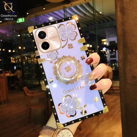 Vivo Y28 4G Cover - Light Purple - Square Bling Diamond Glitter Soft TPU Trunk Case with Ring Holder