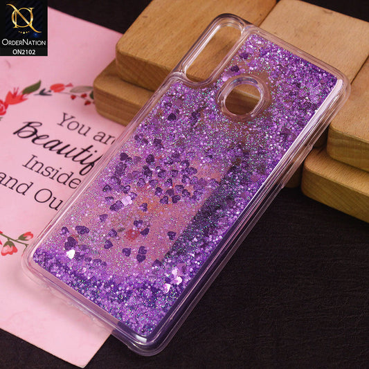 Samsung Galaxy A20s Cover - Purple - Cute Love Hearts Liquid Glitter Pc Back Case