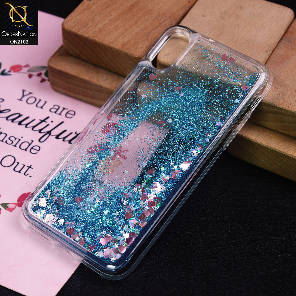 iPhone XS / X Cover - Cyan - Cute Love Hearts Liquid Glitter Pc Back Case