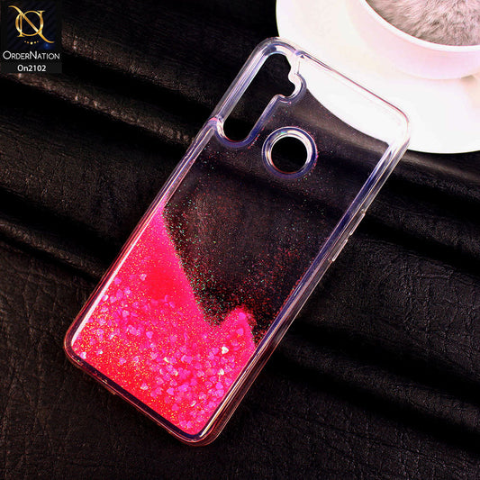 Realme 5i Cover - Pink - Cute Love Hearts Liquid Glitter Pc Back Case