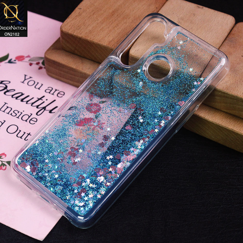 Realme 5 Pro Cover - Cyan - Cute Love Hearts Liquid Glitter Pc Back Case