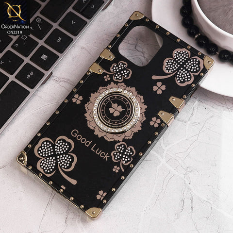 iPhone 12 Cover - Black - Square Bling Diamond Glitter Soft TPU Trunk Case with Ring Holder