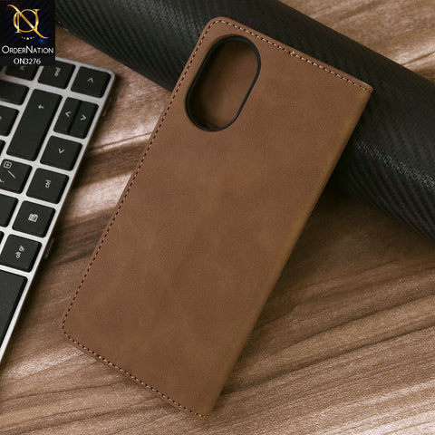 Oppo A18 Cover - Light Brown - ONation Business Flip Series - Premium Magnetic Leather Wallet Flip book Card Slots Soft Case