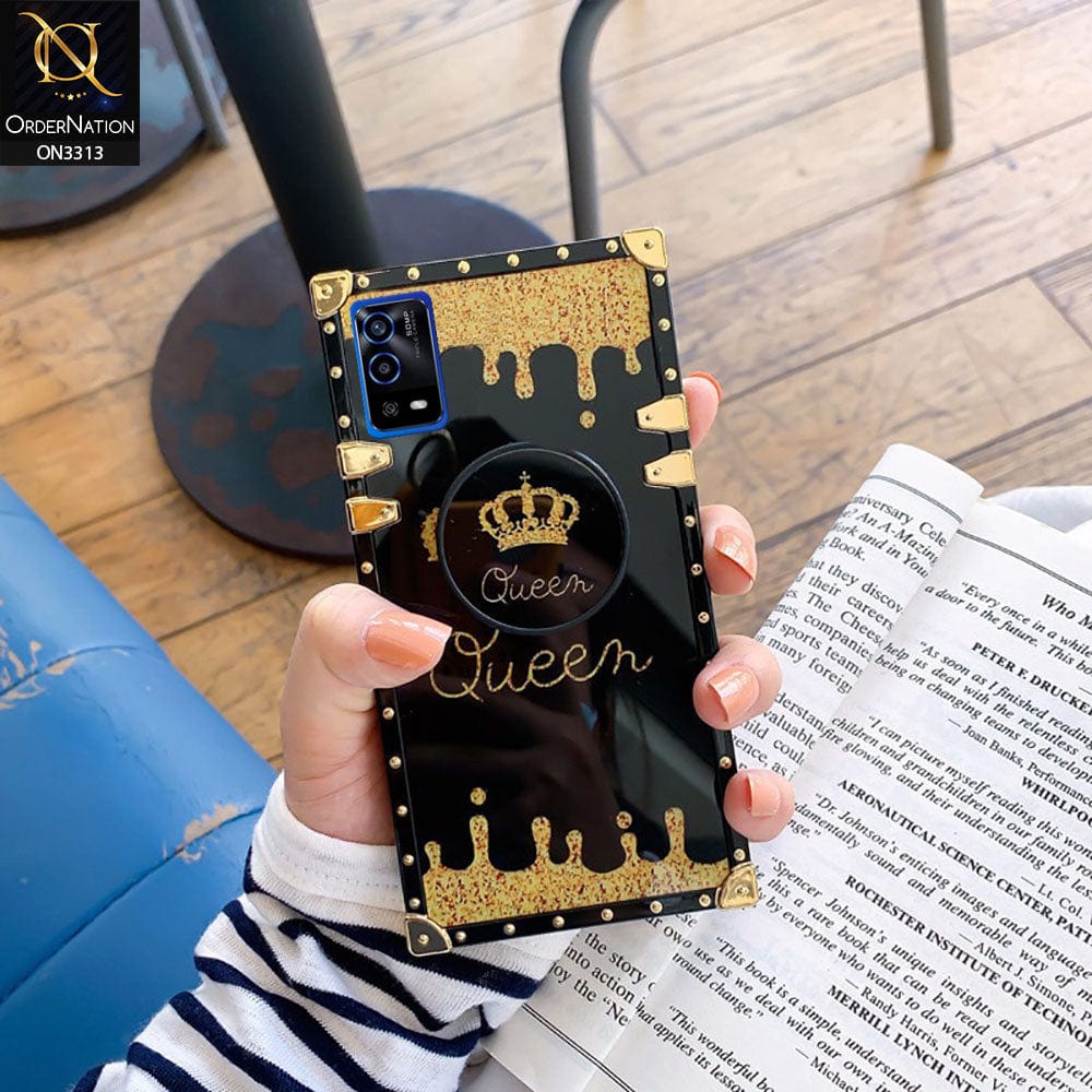 Oppo A55 Cover - Black - Golden Electroplated Luxury Square Soft TPU Protective Case with Holder