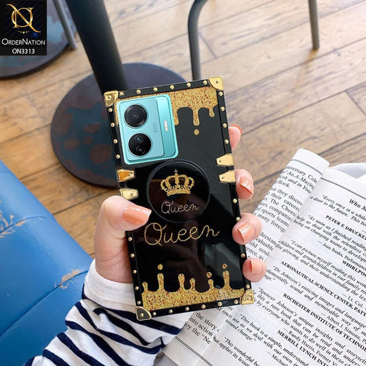 Vivo S15e Cover - Black - Golden Electroplated Luxury Square Soft TPU Protective Case with Holder