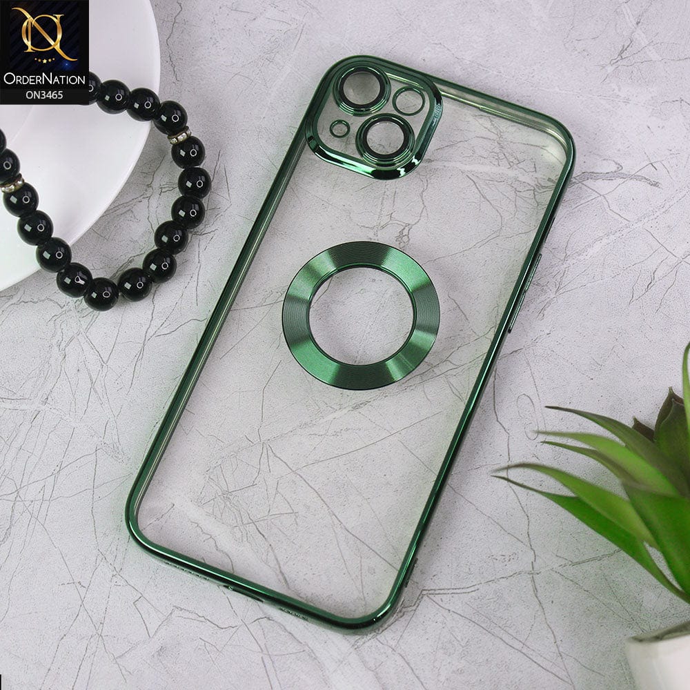 iPhone 14 Cover - Green - Soft Color Borders Logo Hole With Camera Protection Clear Back Case