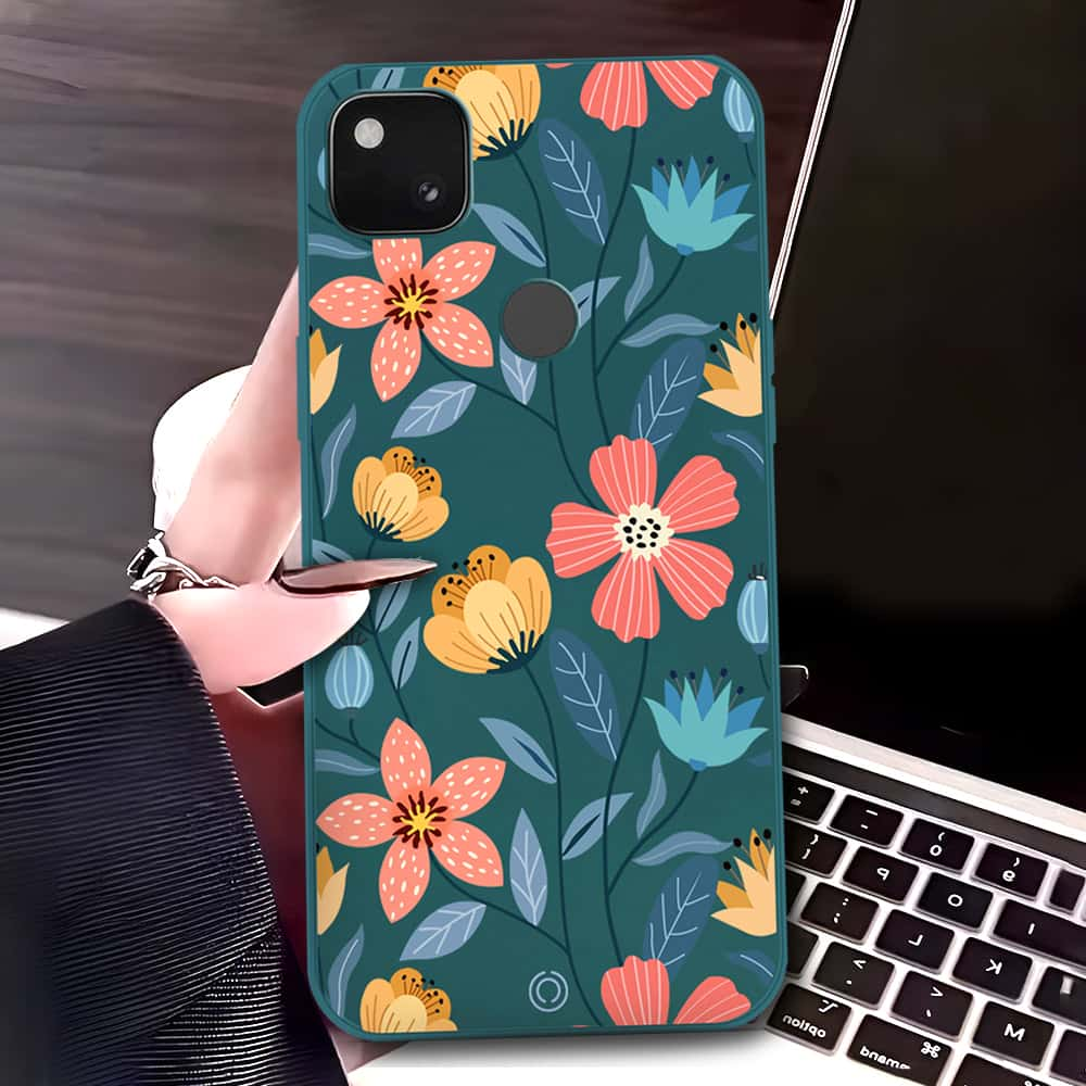 Google Pixel 4a 4G Cover - Dark Green - D2 - ONation Floral Series - HQ Liquid Silicone Soft Case