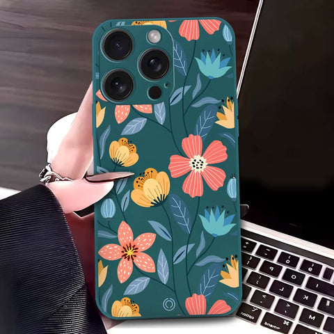 iPhone 15 Pro Cover - Dark Green - D2 - ONation Floral Series - HQ Liquid Silicone Soft Case