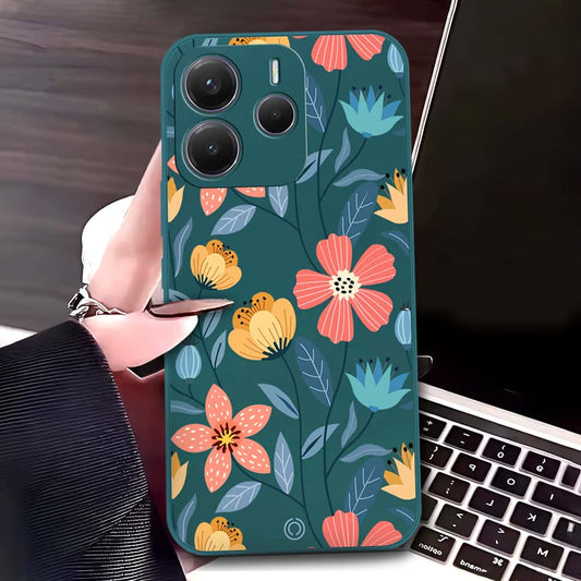 Xiaomi Redmi Note 14 4G Cover - Dark Green - D2 - ONation Floral Series - HQ Liquid Silicone Soft Case