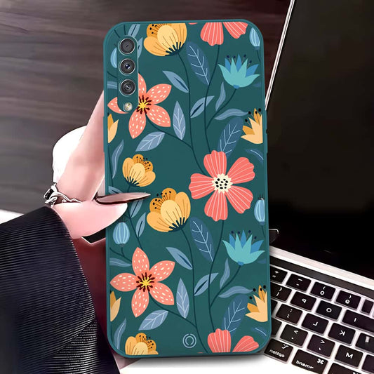 Samsung Galaxy A30s Cover - Dark Green - D2 - ONation Floral Series - HQ Liquid Silicone Soft Case