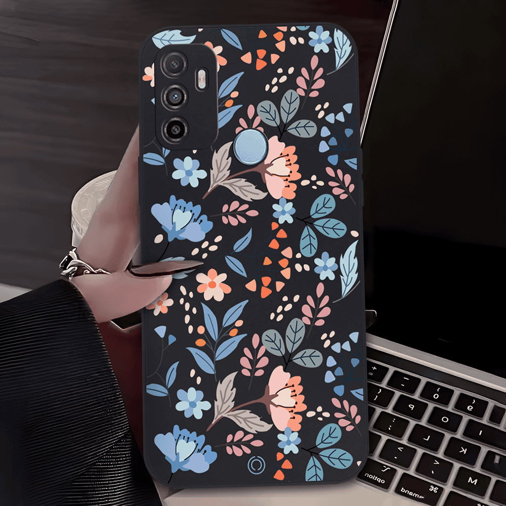 Floral Series Soft Phone Case - Design 1 - Black - Oppo A53s