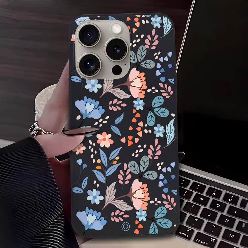 Floral Series Soft Phone Case - Design 1 - Black - iPhone 15 Pro Max