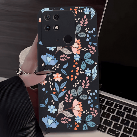 Floral Series Soft Phone Case - Design 1 - Black - Xiaomi Redmi 10C