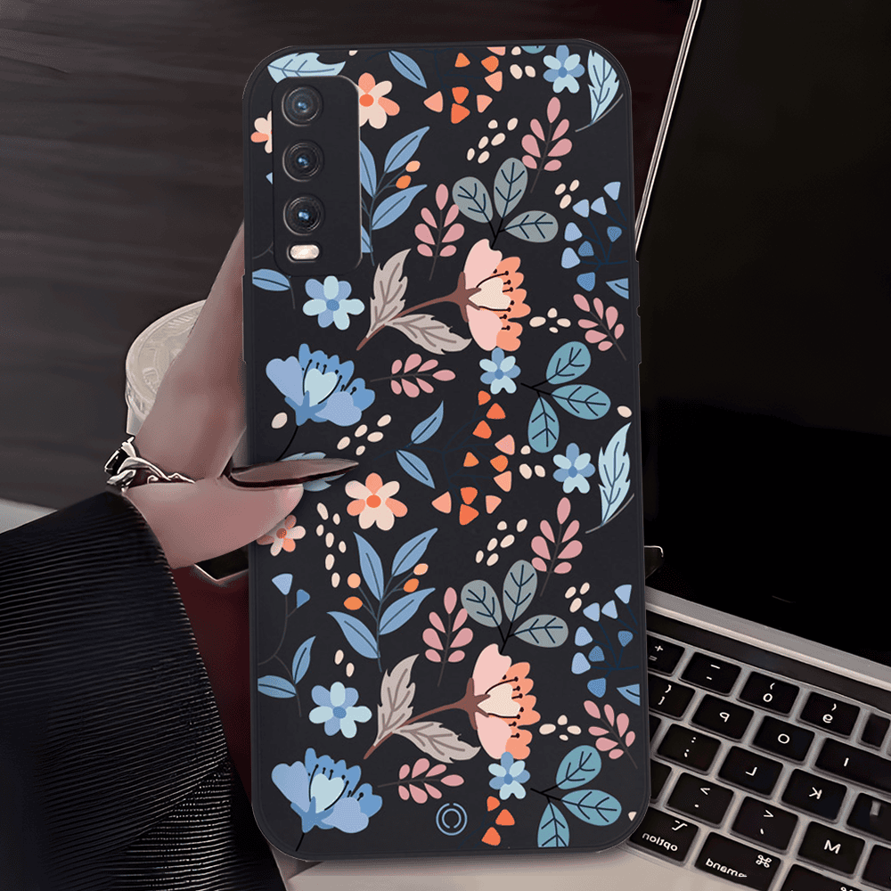 Floral Series Soft Phone Case - Design 1 - Black - Vivo Y20s