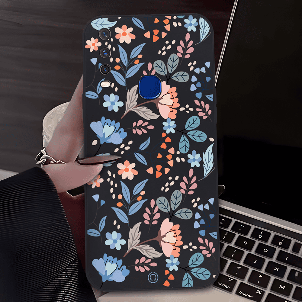 Floral Series Soft Phone Case - Design 1 - Black - Vivo Y12a