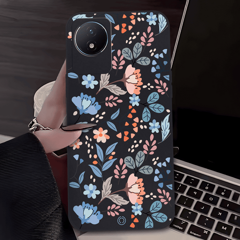 Floral Series Soft Phone Case - Design 1 - Black - Vivo Y02t