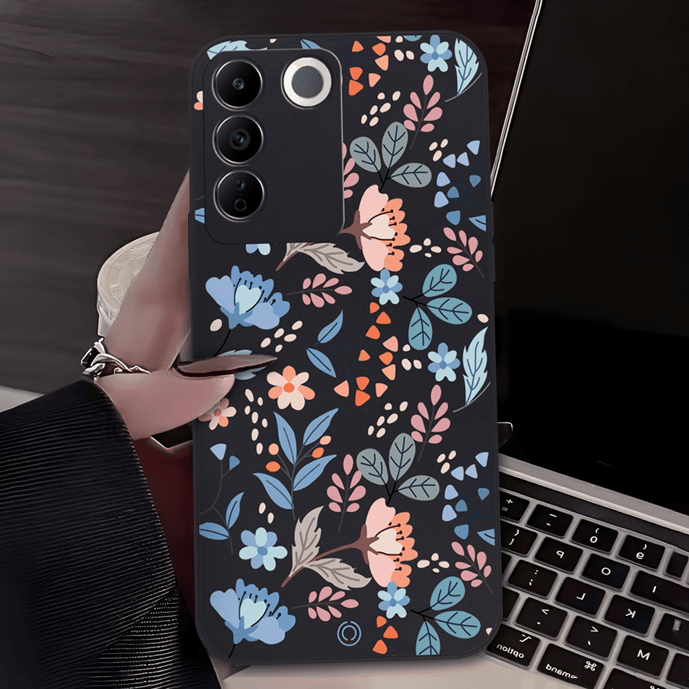 Floral Series Soft Phone Case - Design 1 - Black - Vivo S16e