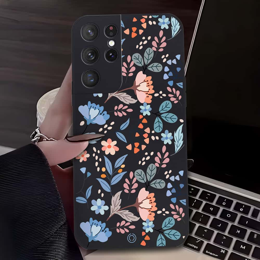 Floral Series Soft Phone Case - Design 1 - Black - Samsung Galaxy S21 Ultra 5G