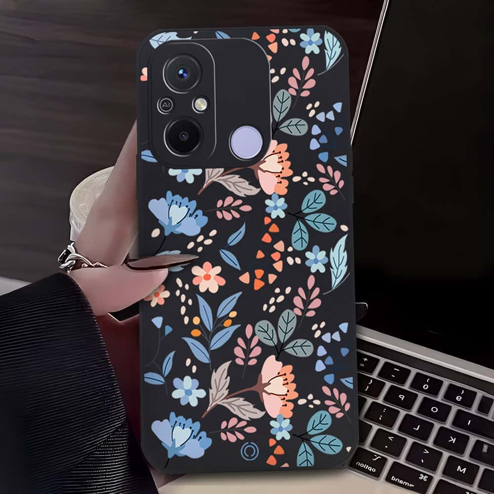 Floral Series Soft Phone Case - Design 1 - Black - Xiaomi Redmi 12C