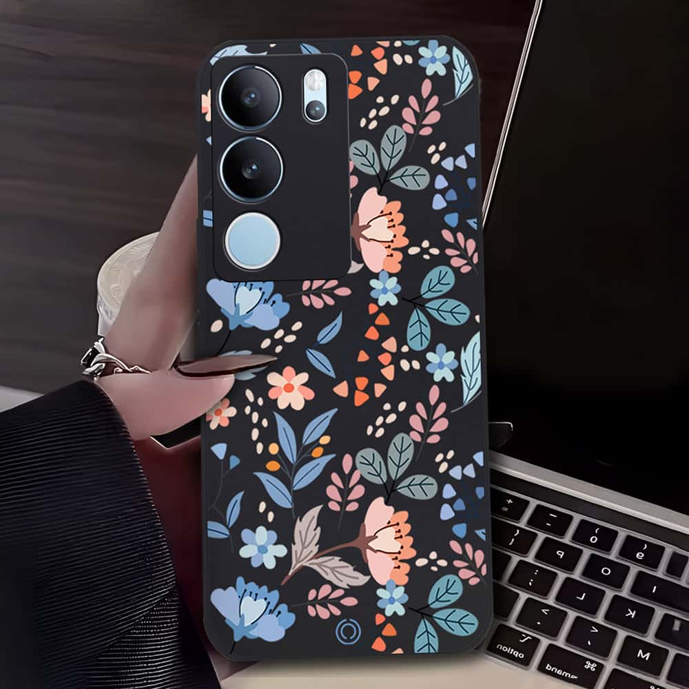 Floral Series Soft Phone Case - Design 1 - Black - Vivo S17t