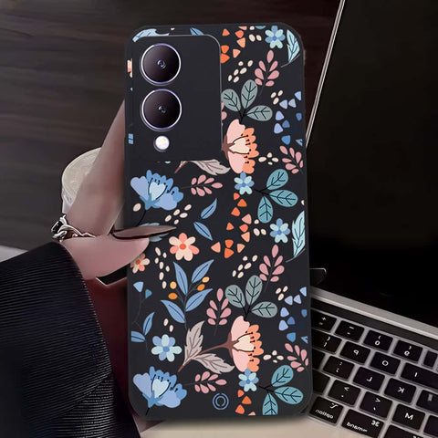 Floral Series Soft Phone Case - Design 1 - Black - Vivo Y17s