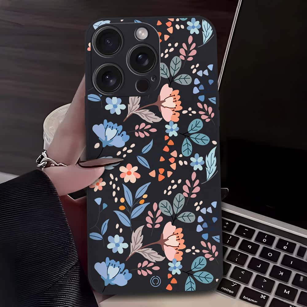 Floral Series Soft Phone Case - Design 1 - Black - iPhone 15 Pro