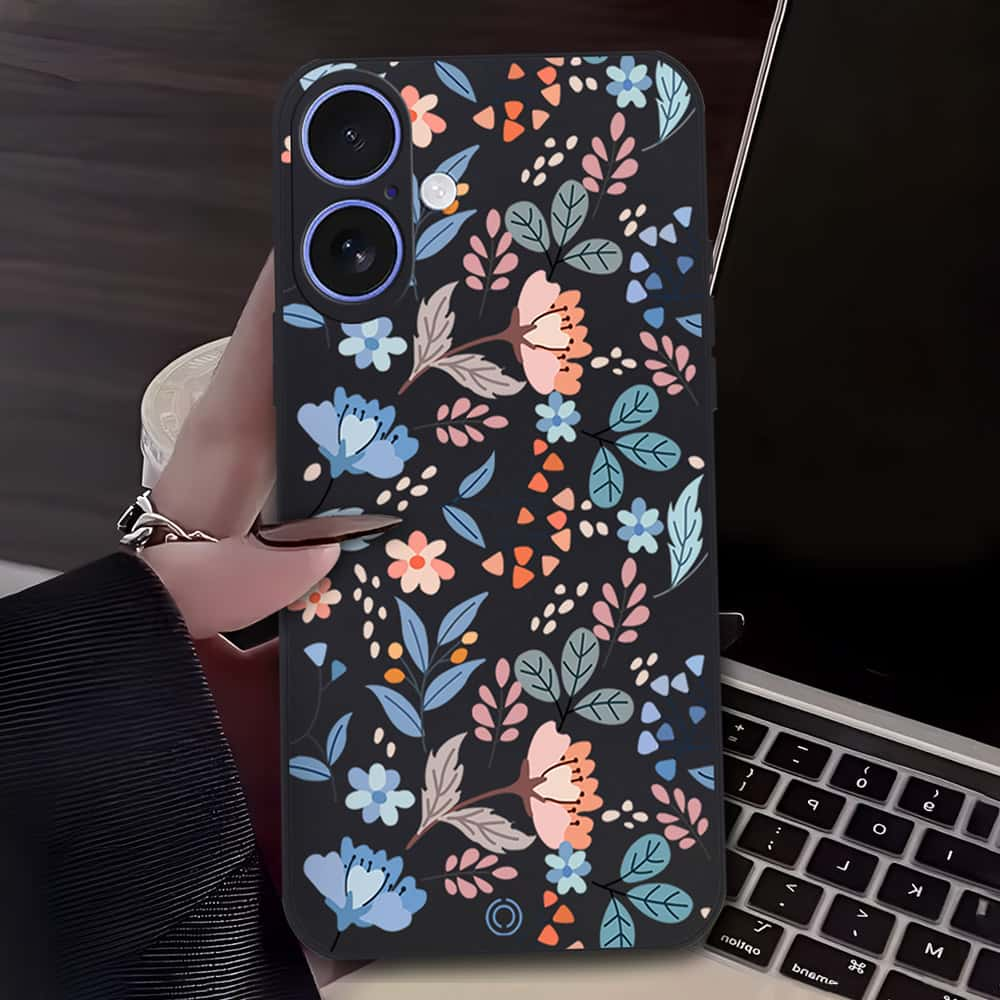 Floral Series Soft Phone Case - Design 1 - Black - iPhone 16