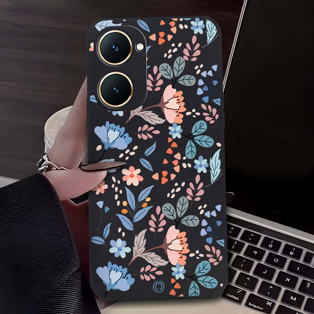 Floral Series Soft Phone Case - Design 1 - Black - Vivo Y03