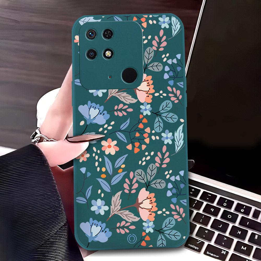 Xiaomi Redmi 10C Cover - Dark Green - D1 - ONation Floral Series - HQ Liquid Silicone Soft Case