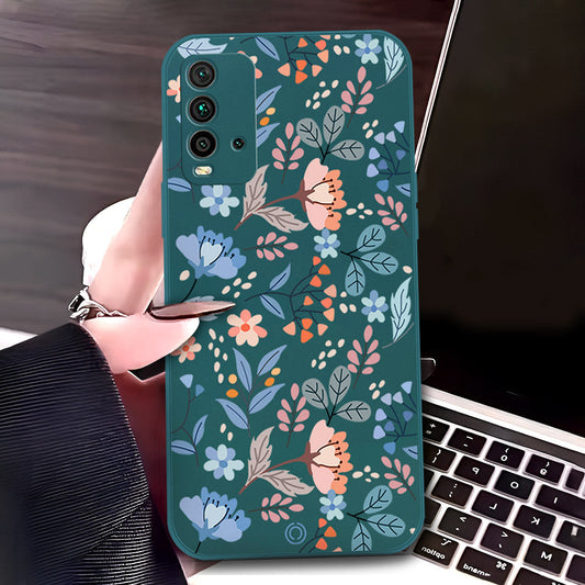 Xiaomi Redmi 9T Cover - Dark Green - D1 - ONation Floral Series - HQ Liquid Silicone Soft Case