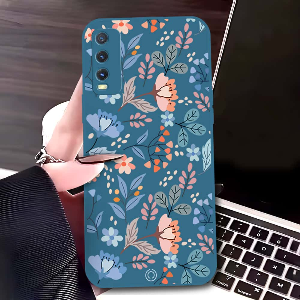 Vivo Y12s Cover - Blue - D1 - ONation Floral Series - HQ Liquid Silicone Soft Case